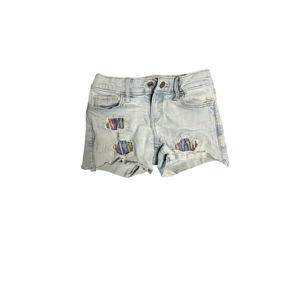 Size 7 Abercrombie Kids midi light wash denim jean shorts distressed w patches